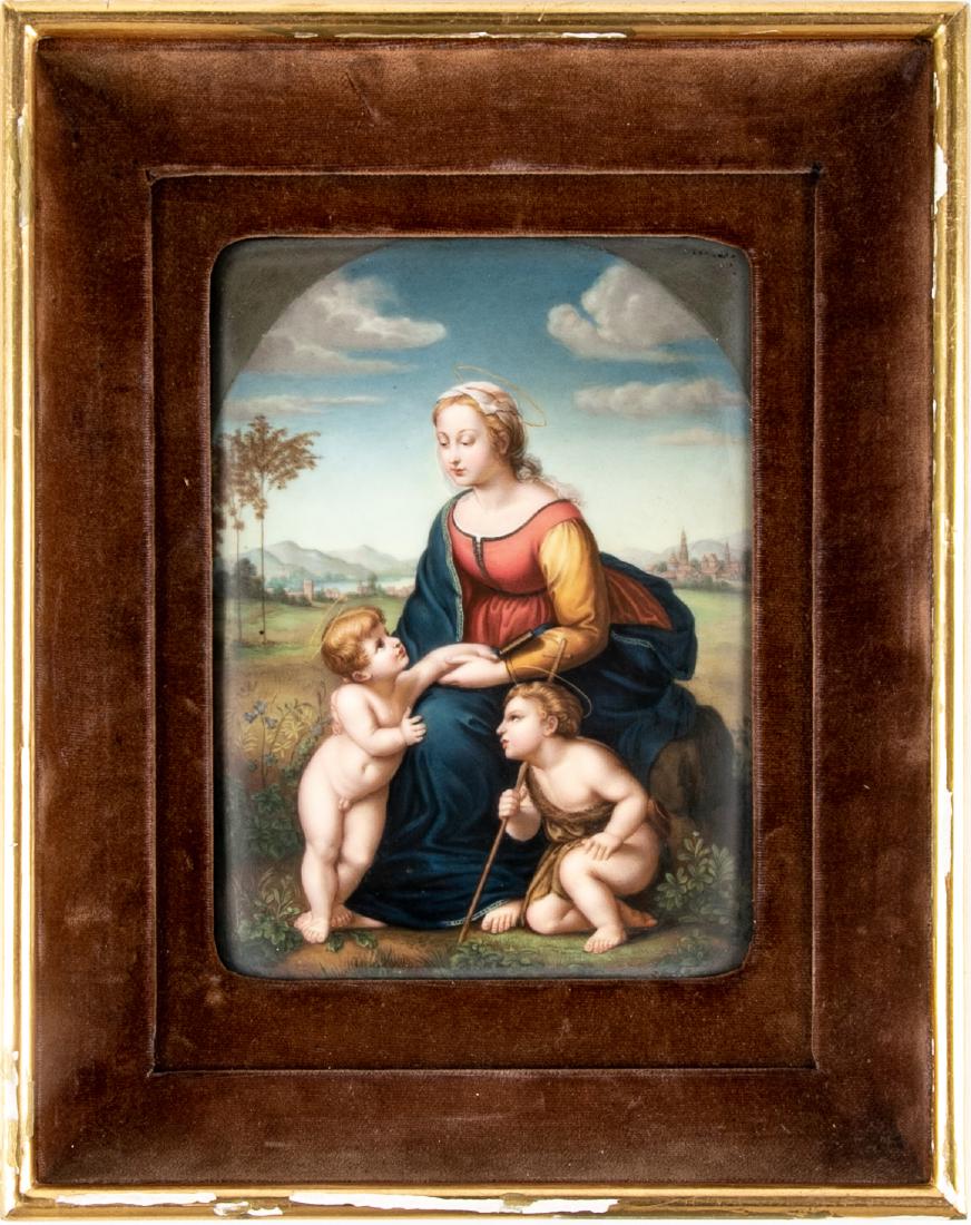 Henry Bucker 19th C. Dresden Painted Porcelain Plaque: The original painting also known as "La Belle Jardiniere". The Virgin Mary is in a landscape and has a book on her arm as she holds the Christ child who looks up at her. The boy St. John the Baptist i