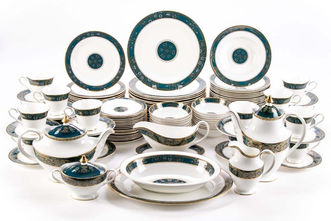 Royal Doulton Carlyle Dinnerware - Service For 18: First produced in 1972, Royal Doulton Carlyle showcases a rich blue and teal border accented with delicate floral designs and a center medallion. Included in this service: (18) dinner plates, 10 5/8" 