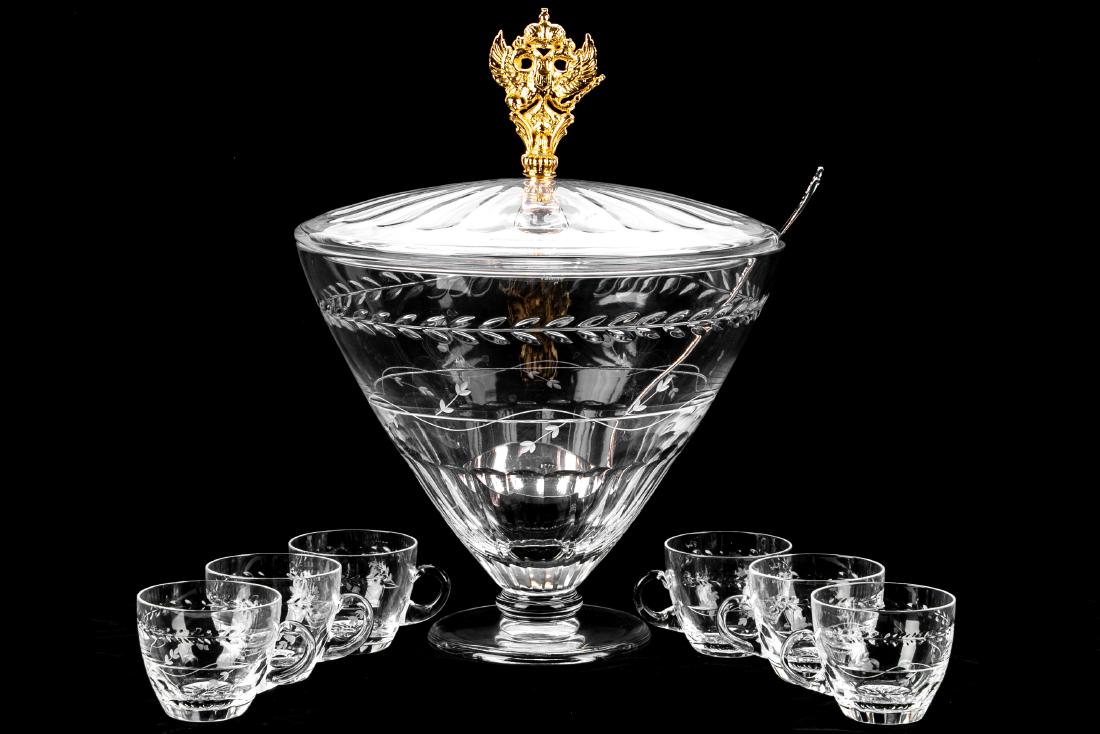 Imperial Collection Of Faberge Luxembourg Punch Set: Imperial Collection of Faberge Luxembourg punch set, clear cut crystal, includes large covered pedestal punch bowl with cut and etched floral and foliate motifs, top with crest-form handle, 16 1/2" h.