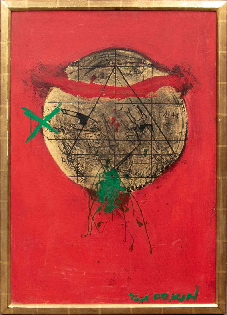 Igael Tumarkin (Israel, B.1933) Modern 1967 Mixed Media: A 1967 mixed media composition with a white and black globe with black linear motifs, green and pink details. Pink ground, signed in green lower right. Labels on verso with name, title, and date; ex c