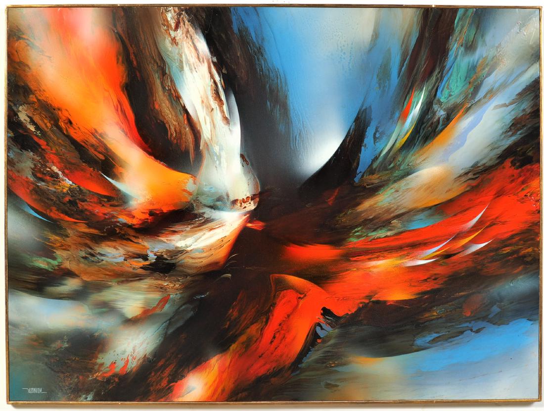 Leonardo Nierman (Mexican, B.1932) Mid Century Acrylic: Acrylic on masonite. Abstract polychrome composition, titled "Magic Fire" on verso. Signed lower left. Gilt wood frame. Measurements: 36 x 48" Condition: very fine