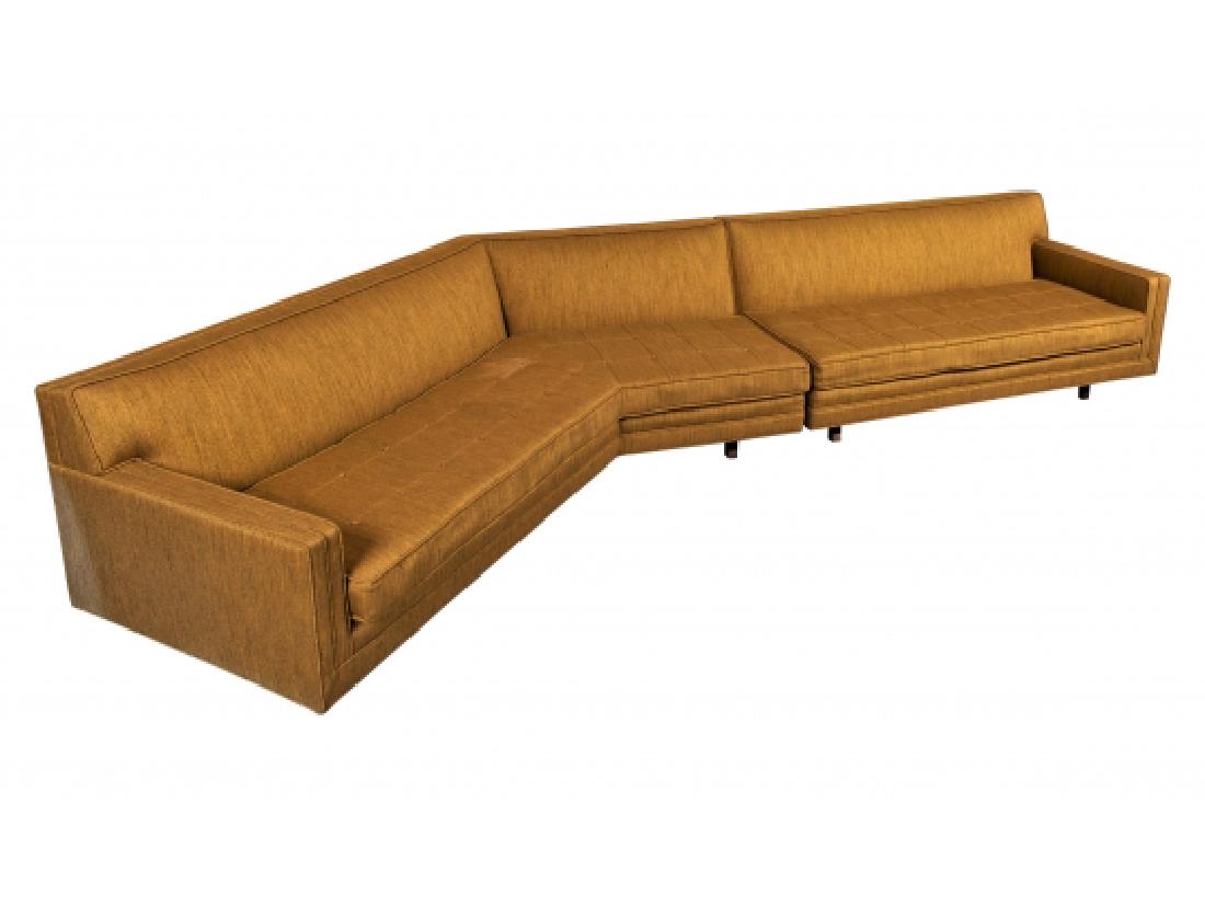 Harvey Probber 2- PC Sectional with Rosewood Desk: Two-piece mid century modern sectional sofa with custom rosewood desk, all by Harvey Probber. Circa 1960s. Original green upholstery with recessed mahogany brass capped legs give the sofa a floating f