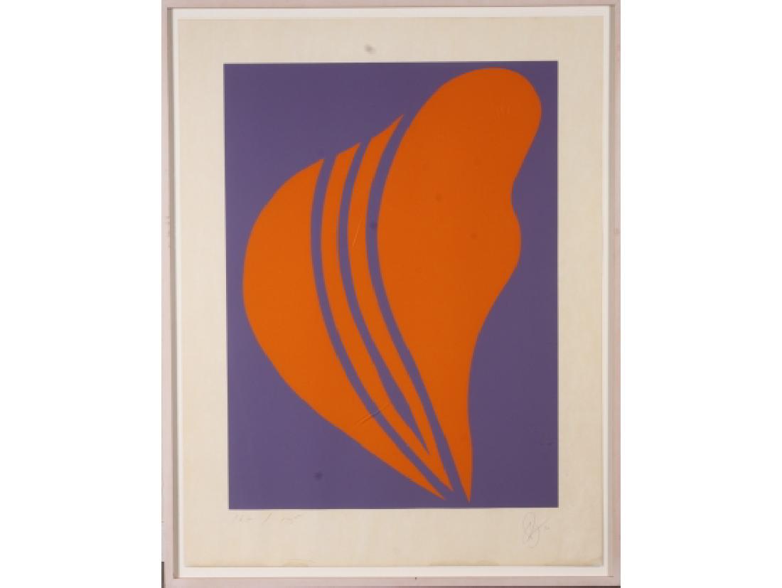 Jack Youngerman (American, B. 1926), "Changes III": Abstract in orange on purple. Initialed and dated /70 lower right, numbered 162/175 lower left. Measurements: print 42 1/4" x 32 1/2', framed 36" x 46" Condition: very good with some age discoloration