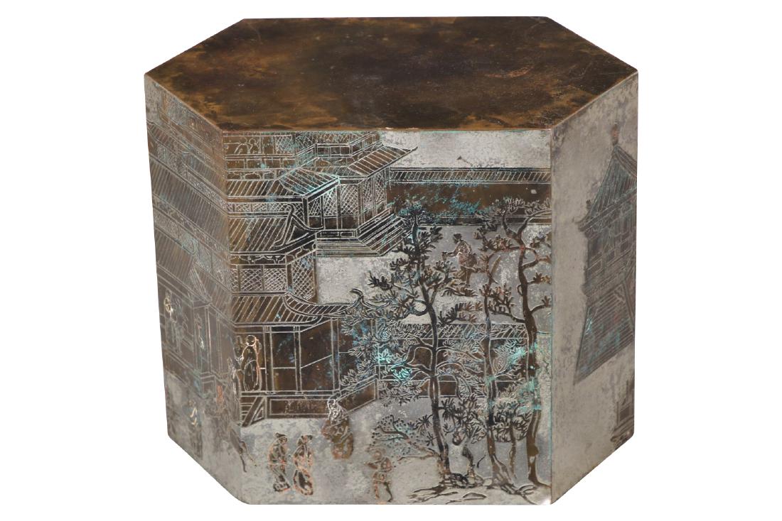 Philip & Kelvin LaVerne "Chan" Bronze Table: Philip & Kelvin LaVerne "Chan" Bronze Hexagonal Occasional Table.Small-scale elongated hexagonal shape with overall scene of a walled architectural complex and trees, with figures inside and outside a