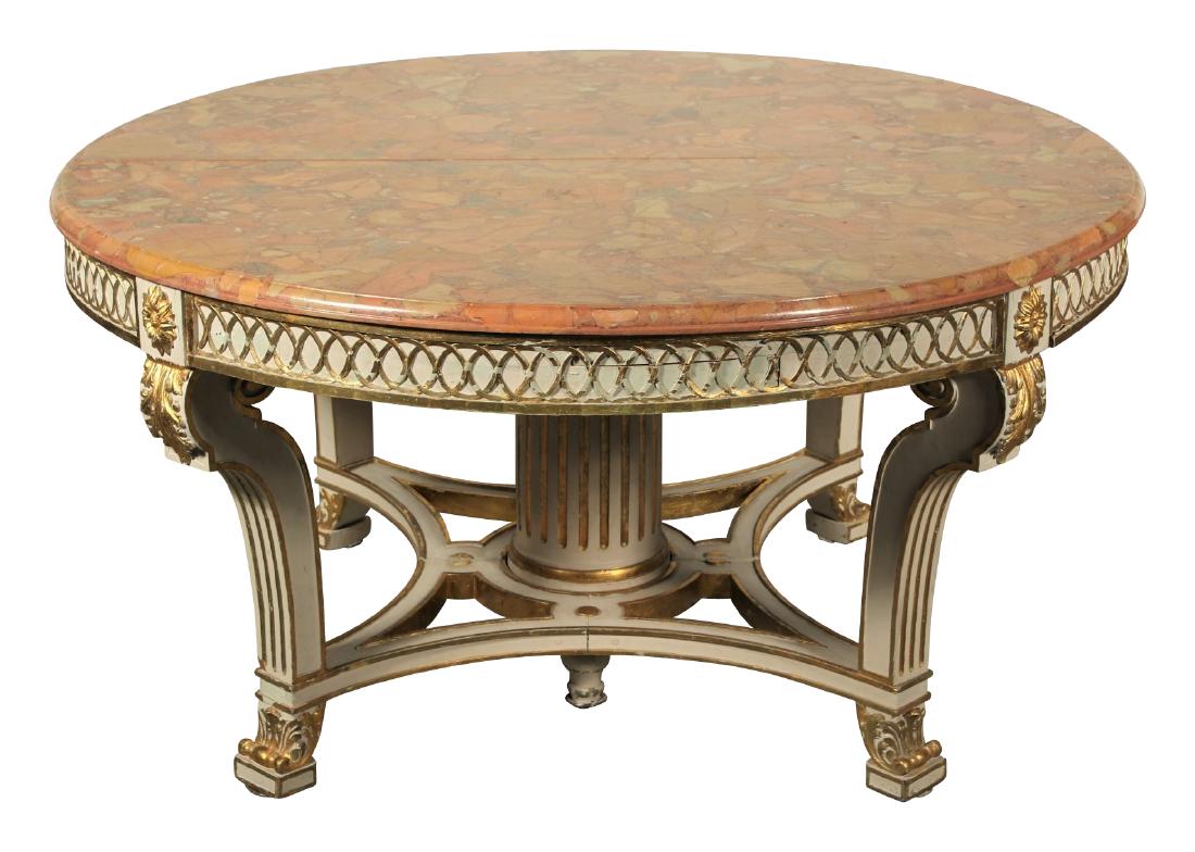 Rosel Bruxelles Magnificent Faux Painted Dining Room: Opulent dining room table with intricate hand-painted cobblestone top over a cream paint and gilt decorated impressive fluted pedestal column. The apron is decorated with relief over-lapping gilt sphe