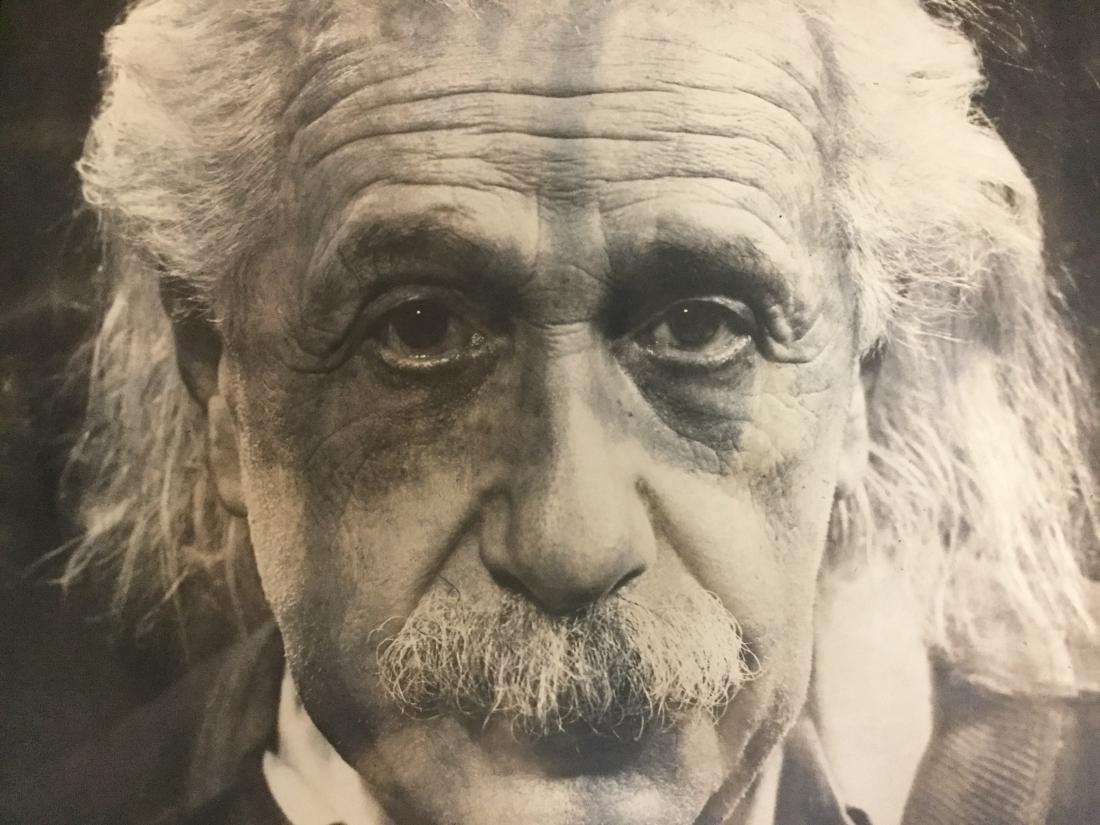 Philippe Halsman (Am, 1906-1979), Einstein Photograph: A rare large image of Albert Einstein. Photograph mounted to thick artistboard with applied wood wire holders. Signed in white pencil lower left. Halsman’s gallery stamp on verso. Measures: 39 1/2��