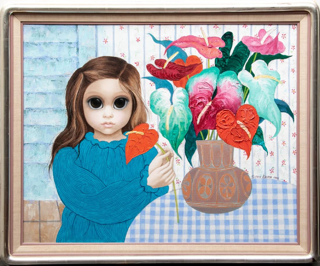 Margaret Keane (Am, B.1927), Portrait Oil on Canvas: Portrait of a girl, oil on canvas.Textured flowers Signed MDH Keane 1980. Framed in silver leaf with soft corners, triple filet with painted wood and linen. 24Â” x 30 1/4Â”w Frame: 29Â” x 34 