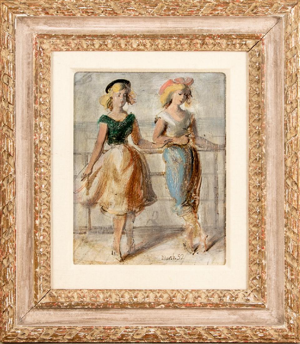Reginald Marsh (Am., 1898-1954) Signed Oil On Board: Reginald Marsh (American, 1898-1954), oil on board, depicting two women on the boardwalk, attired in dresses and wearing hats, hands on railing with backs to ocean.Presented in a distressed gilt and c