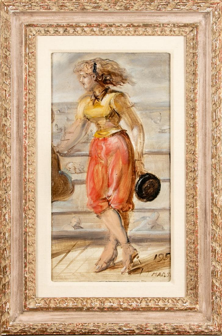 Reginald Marsh (Am., 1898-1954) Signed Oil On Board: Reginald Marsh, oil on board depicting a woman waiting on the boardwalk attired in red pedal-pushers, wearing heels, holding a black purse and her hair blowing in the ocean breeze. Insurance replaceme
