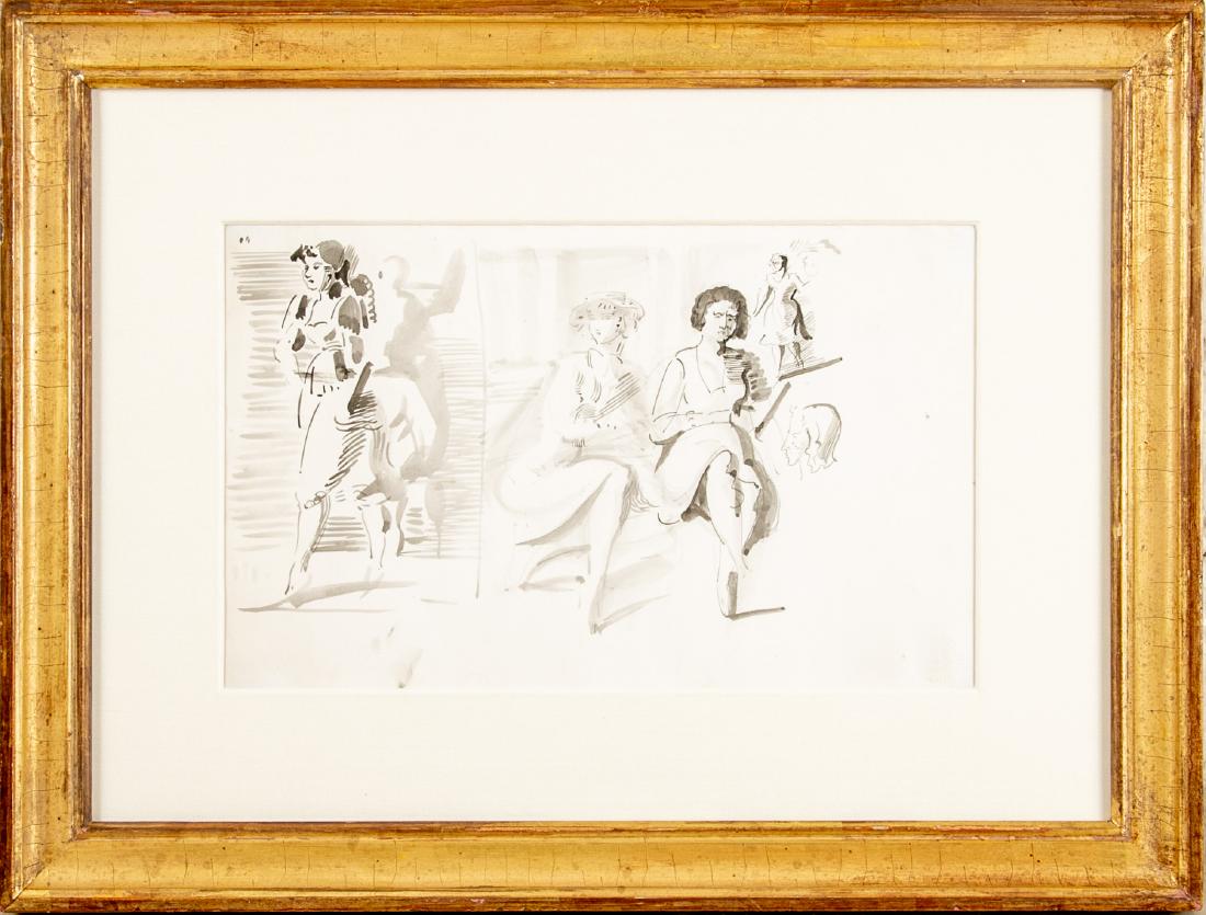 Reginald Marsh (American, 1898-1954) Watercolor And Ink: Sketch of three women, watercolor and ink on paper, depicting one woman walking, two others seated with smaller images to the right.Presented in a gilt frame, silk fabric mat, glazed.Unsigned, circa 1