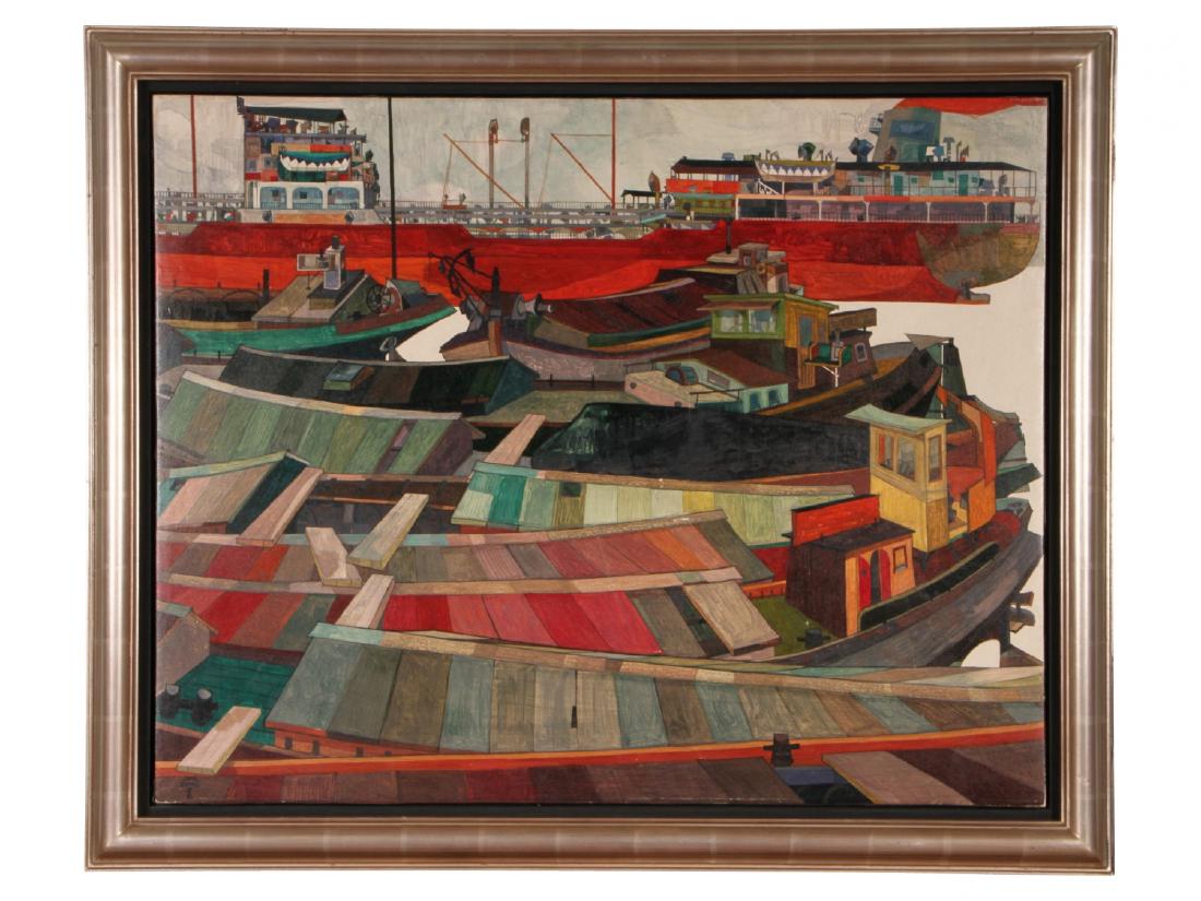 Jordi Aluma Masvidal (Spanish, B. 1924) Oil On Board: Oil on board with view of the Port of Barcelona in a silver gilt frame, signed lower left. Painting measures 28 3/4" x 36 1/4. Frame measures 34 1/2" x 41 1/2". Label on verso. Stephen Silagy Gallerie