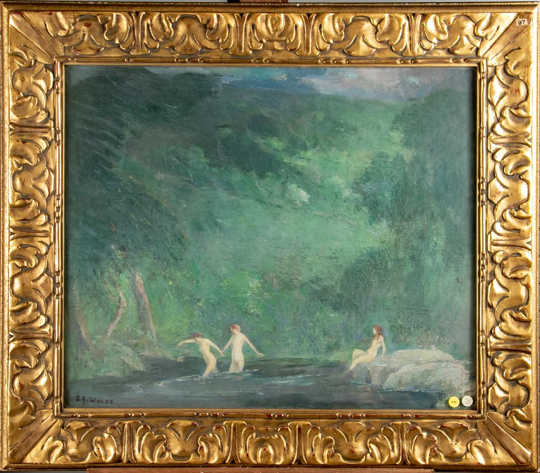 Samuel A. Weiss (American, 1874-1918), Late 19th C. Oil: Signed lower left. Old auction stickers on the glass lower right and upper right corner of the period gilt frame. Antique J. Bohne, New York art dealer label on the stretcher. A group of nude females 