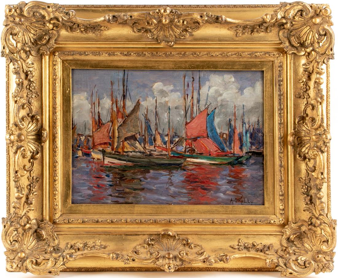 Aloysius O'Kelly (Irish/Am. (1851-1928) Oil On Panel: Oil on panel depicting boats in harbor with colorful sails casting their reflections on the bay waters. The boats are clustered tightly together against the background of a clouded sky. Presented in a
