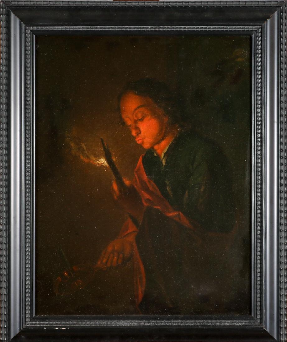 Ca. 17th C. Netherlandish School, Oil On Canvas: Ca. 17th C. Netherlandish School, Oil On Canvas, Figure Lighting A Candle.A dark night time scene with a robed figure about to light a candle in a brass night stick with a flaming stick. The figure we