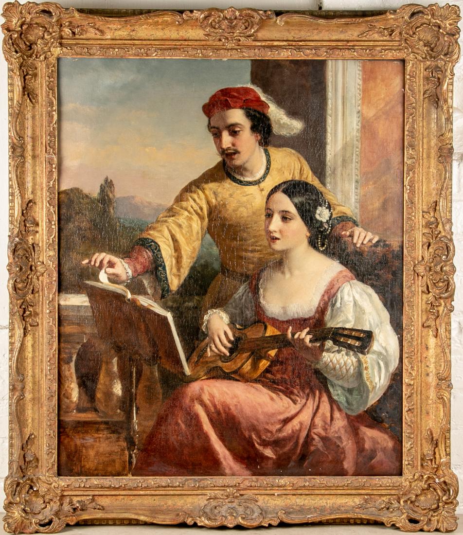 19th C. Oil On Canvas- The Music Lesson: A renaissance style composition of a young female guitar player seated as her teacher stands behind her and turns the sheet music. They are dressed in 17th c. style garments and are posed on a terrace
