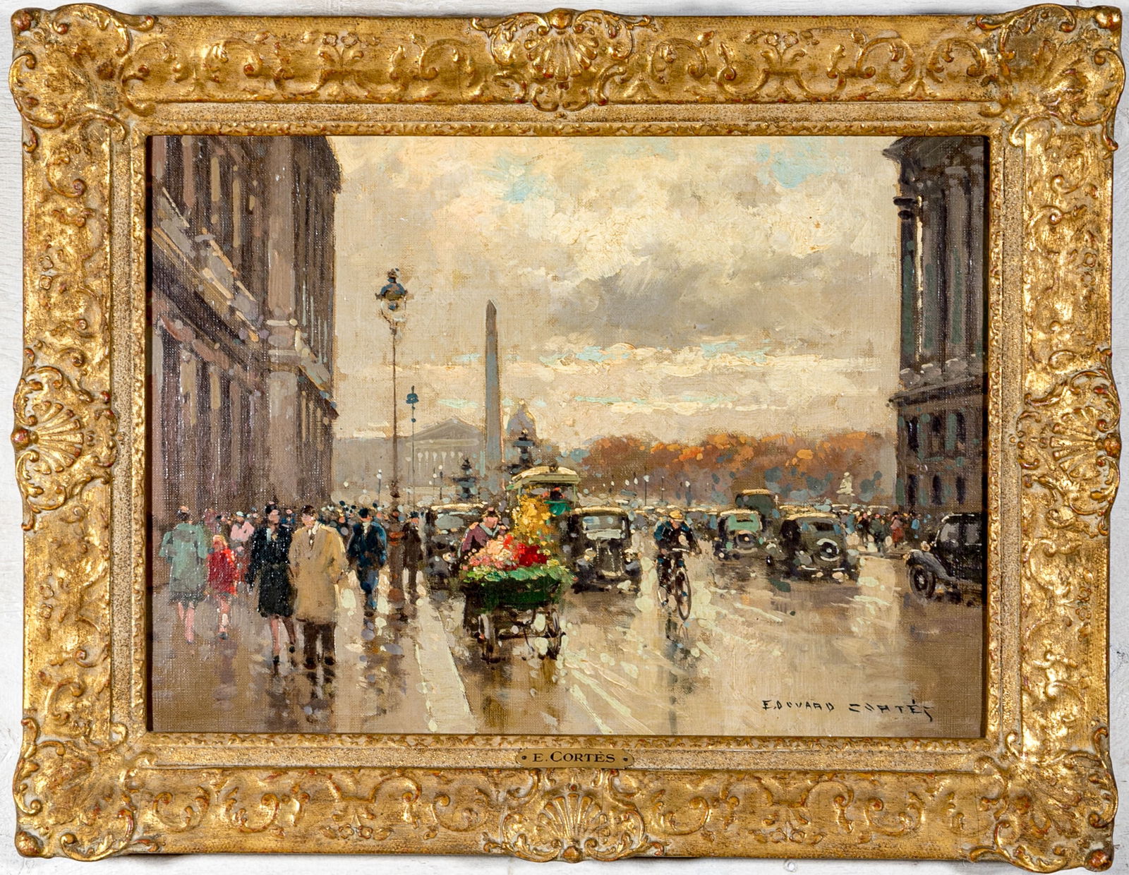 Edouard-Léon Cortès (French, 1882-1969) Oil On Canvas, Place De La Concorde: The painting is signed, Edouard Cortès, lower right. Custom framed in a gilt carved frame with gold leaf finish. There is a brass plaque to the lower trim in center of the frame marked E. Cortès. Be