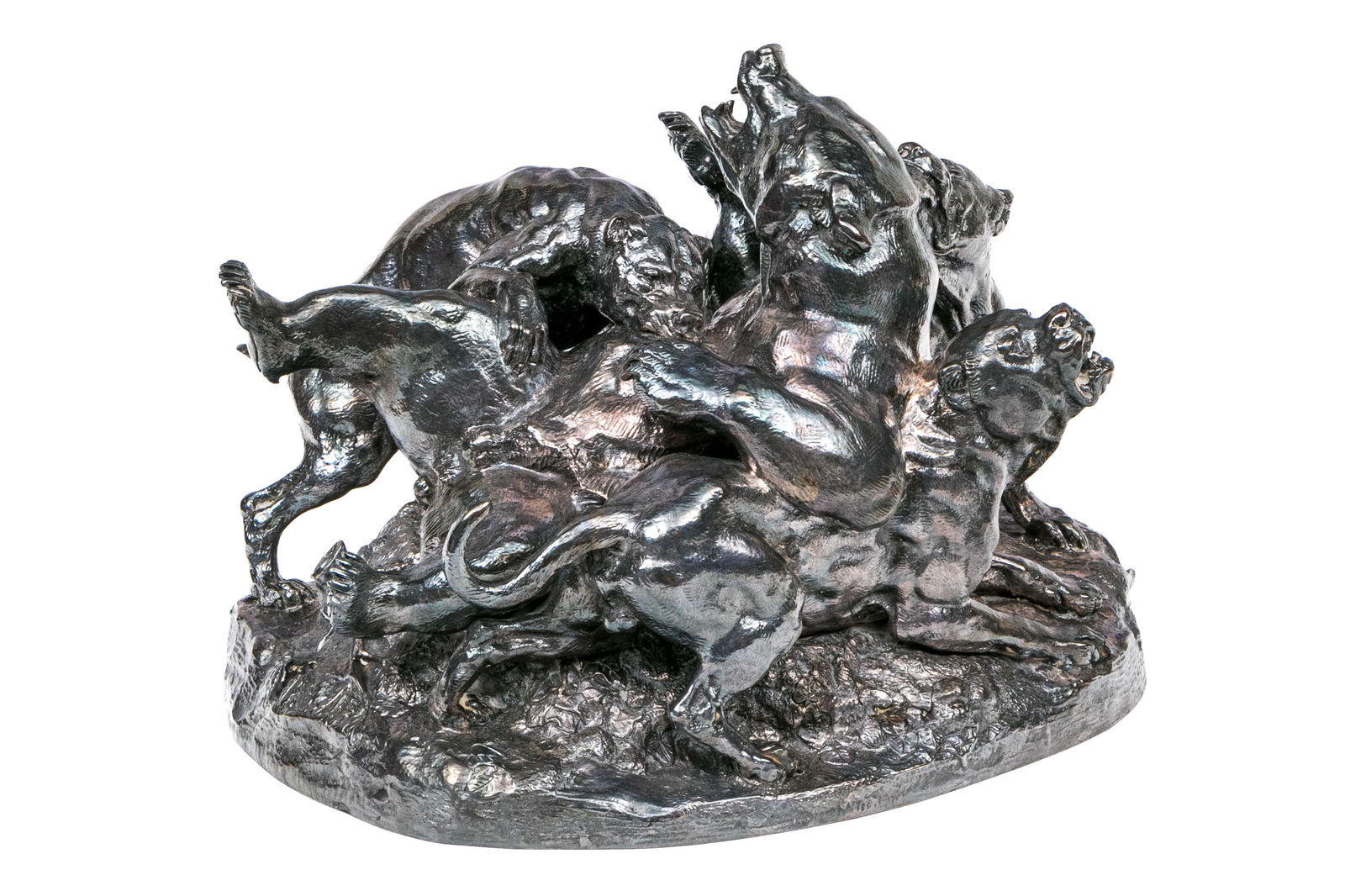 Antoine-Louis Barye (French, 1796-1875) Cast .950 Silver Figural Group, Bear Attacked By Dogs (1 of 20)
