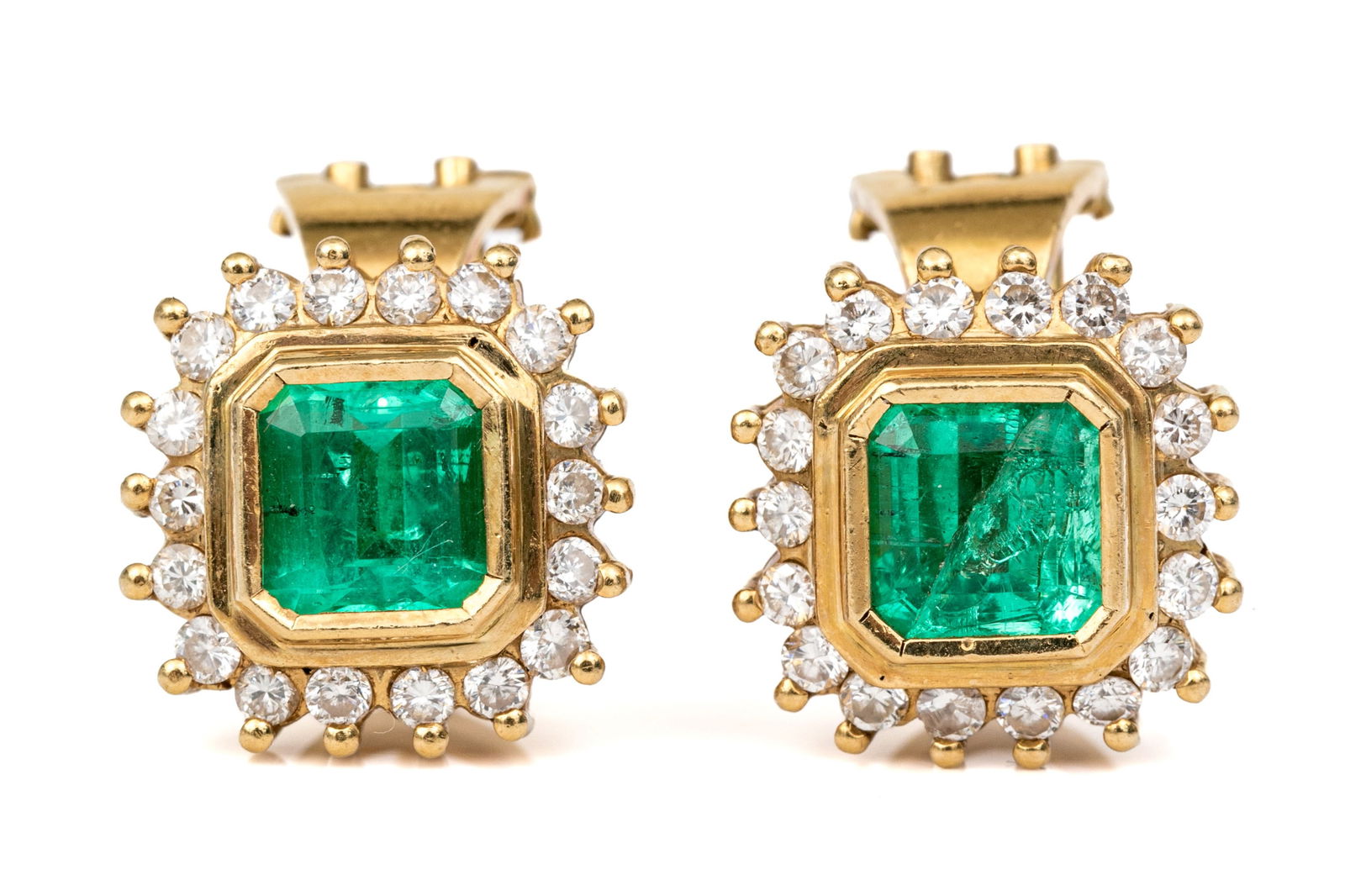 14k Yellow Gold Beautiful Emerald Cut Emerald And Diamond Halo Earrings (1 of 10)
