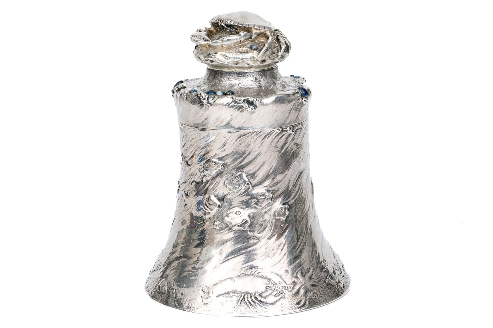 Ferdinand Boberg For CG Hallberg Silver And Jewel Encrusted Ocean Themed Box: A beautiful Ferdinand Boberg (Swedish, 1860-1946) for CG Hallberg Art Nouveau silver bell-shaped lidded box with a delightful ocean theme, featuring a baroque cultured mabe pearl inlaid sculptural cra