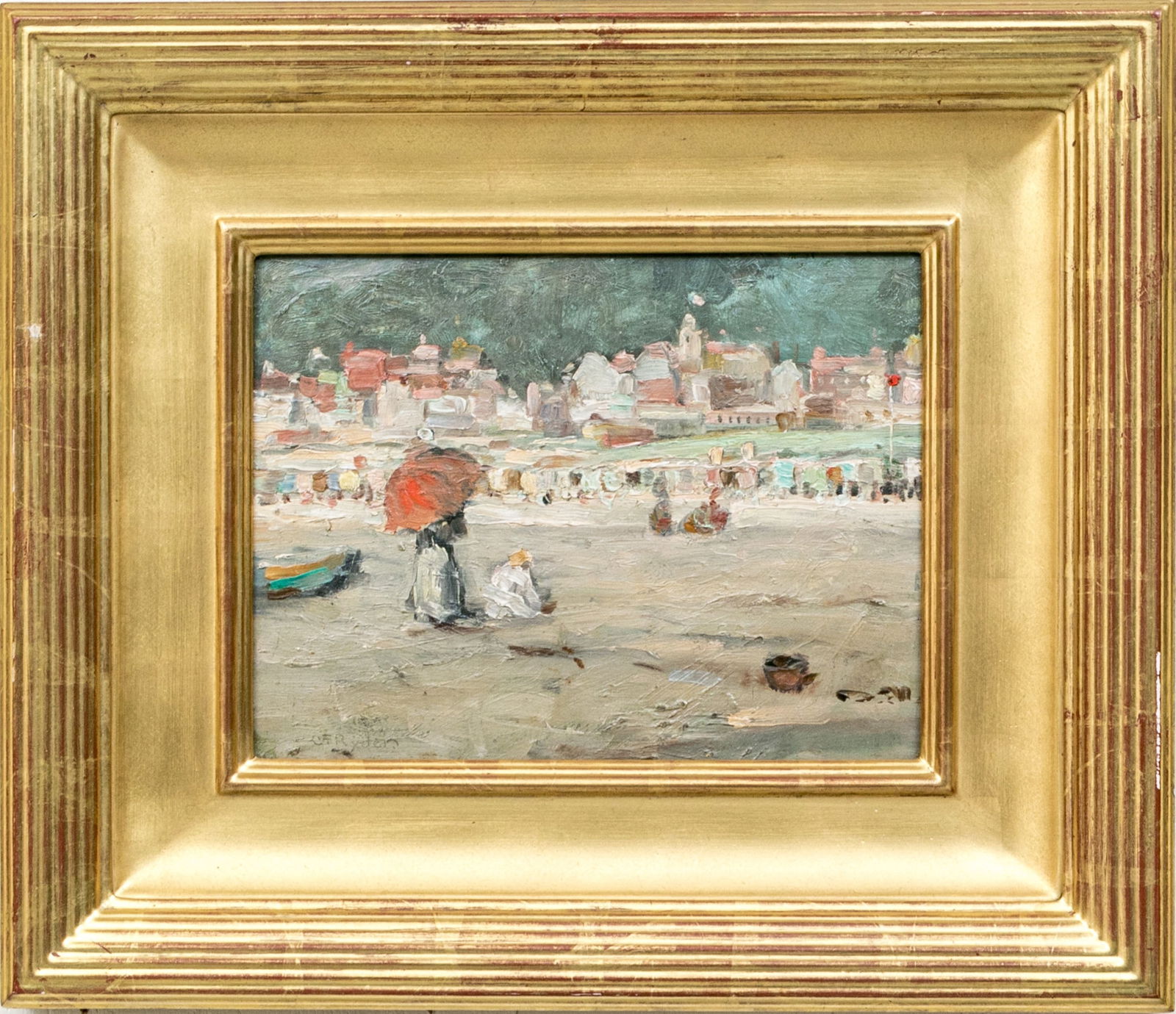 Chauncey Foster Ryder (American [CT], 1868-1949) Oil On Panel, Seaside Landscape: Chauncey Foster Ryder (American [CT], 1868-1949) Oil On Panel, Seaside Landscape. The current oil on panel seaside landscape, depicts numerous figures, some holding umbrellas / parasols on the beach.