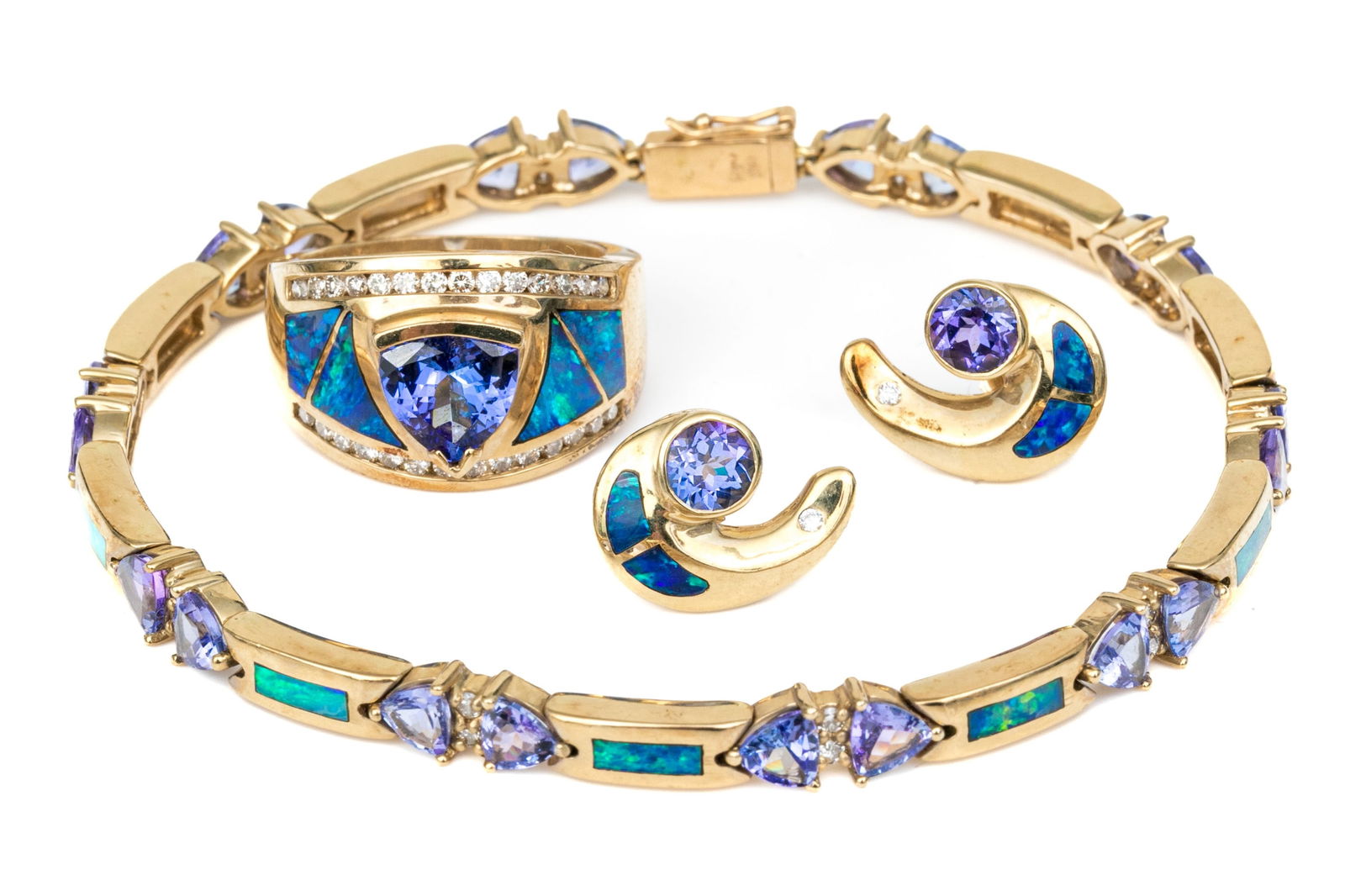 14k Yellow Gold Beautiful Opal Inlaid Tile, Tanzanite And Diamond Jewelry Suite (1 of 10)