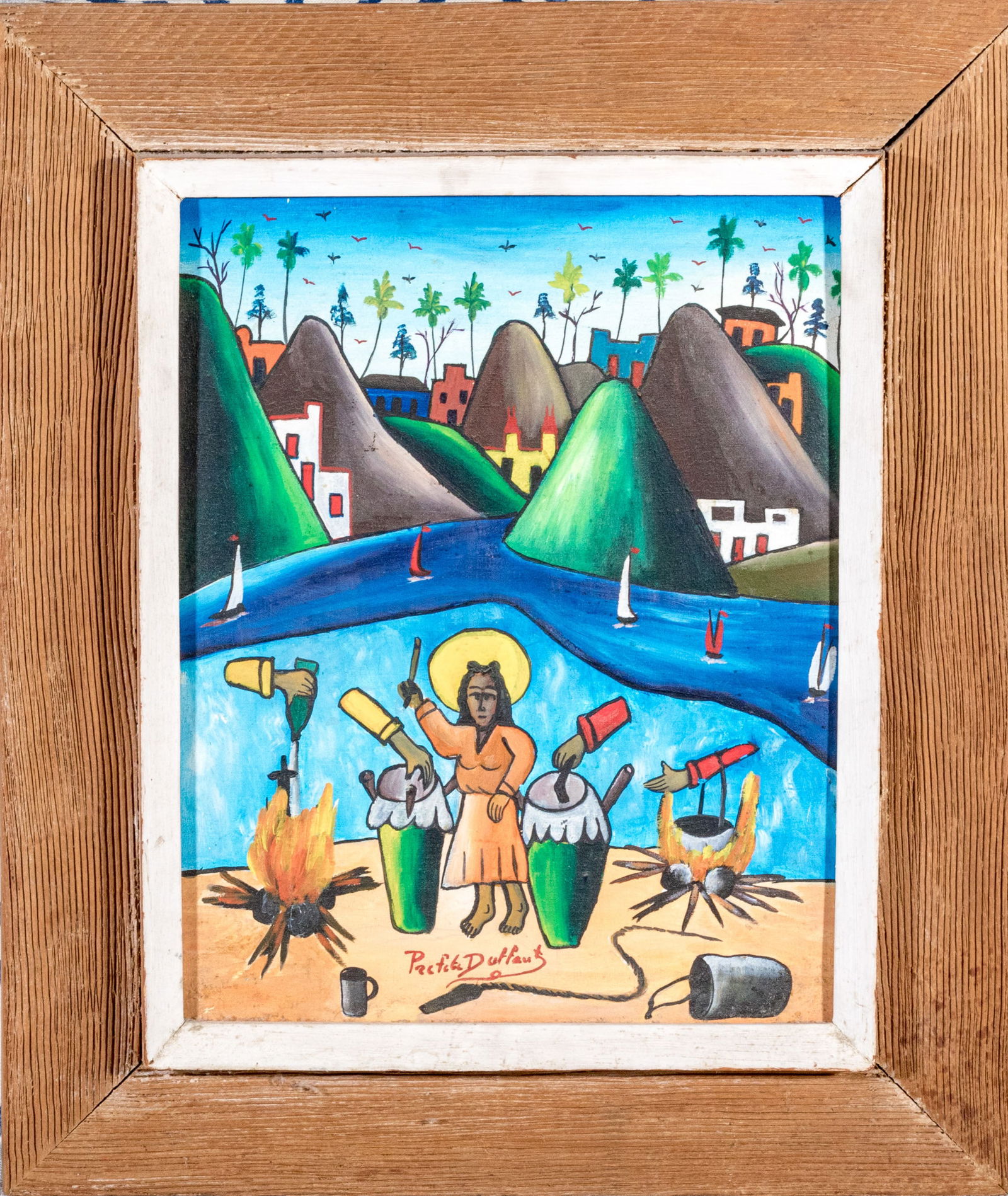 Préfète Duffaut (Haitian, 1923-2012) Oil On Canvas, Village Scene: Préfète Duffaut (Haitian, 1923-2012) oil painting on canvas depicting a village scene with a woman in orange between two green drums flanked by fire, underneath sailboats on a river passing through