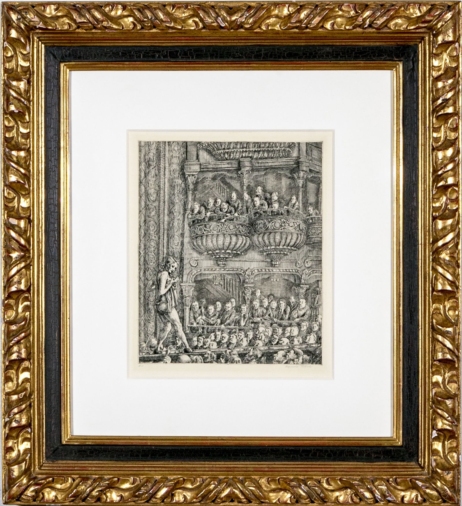 Reginald Marsh (American, 1898-1954) Gaiety Burlesk Etching On Laid Paper, Circa 1930: Reginald Marsh (American, 1898 - 1954) “Gaiety Burlesk” etching on laid paper circa 1930. The current work is an extremely well depicted etching print of a burlesque show during the Great Depr