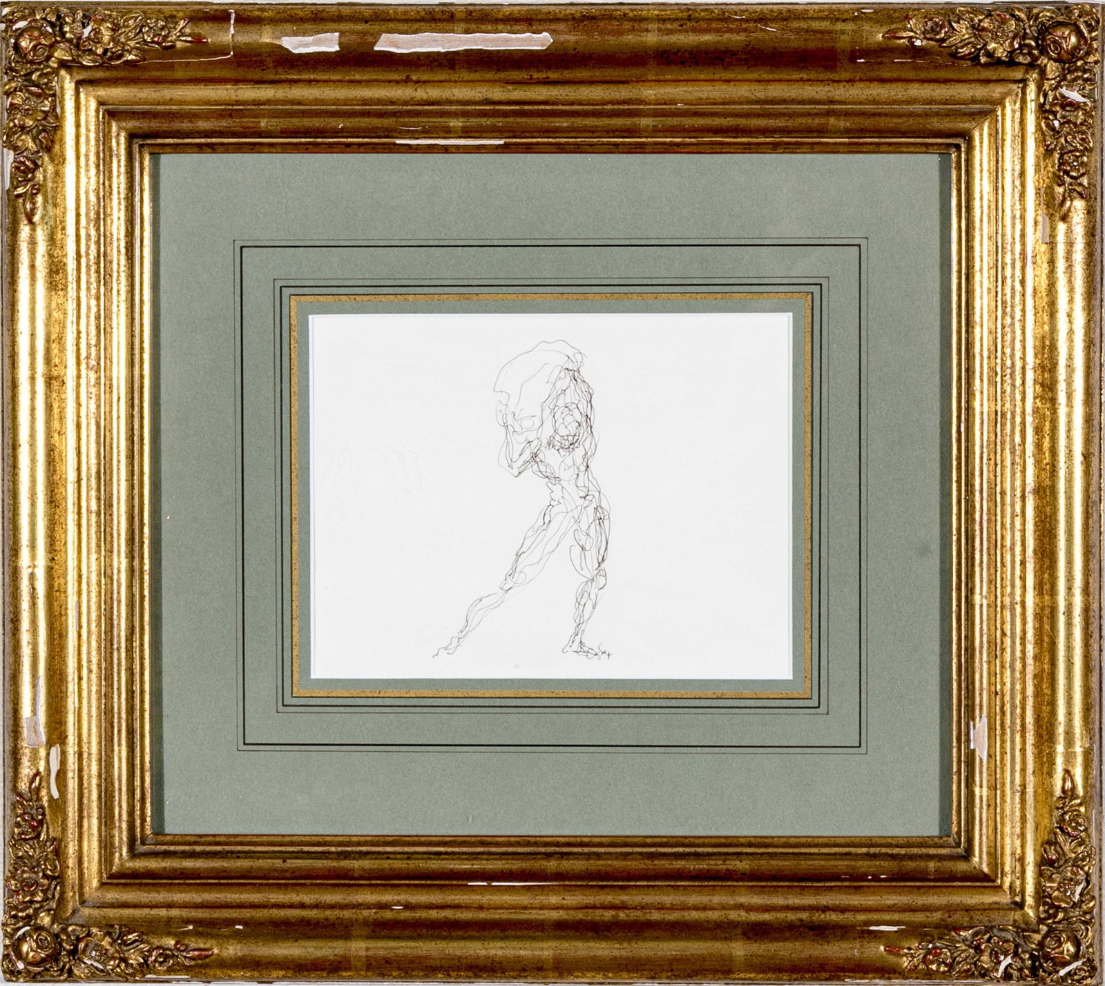 Attrib. Salvador Dali (Spain, 1904-1989) Ink On Paper, Man Balancing Boulder: Depicting a man balancing a large boulder on his back and shoulders. Dali displays his sheer talent as a draughtsman imbuing the two dimensional drawing with a sense of three dimensionality and moveme