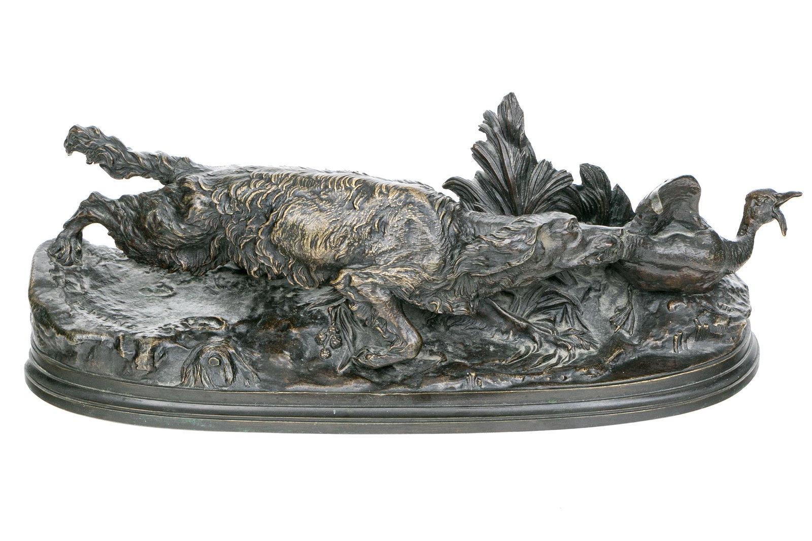 After P.J. Mene (France, 1810-1879) Cast Bronze, Chien Epagneul-Griffon Saissant Un Canard: Spanish Griffin dog seizing a Duck. Second half of the 19th century, name on the base. A fine atelier cast patinated bronze. It was modeled by the sculptor in 1848 and continued to be cast in his foun