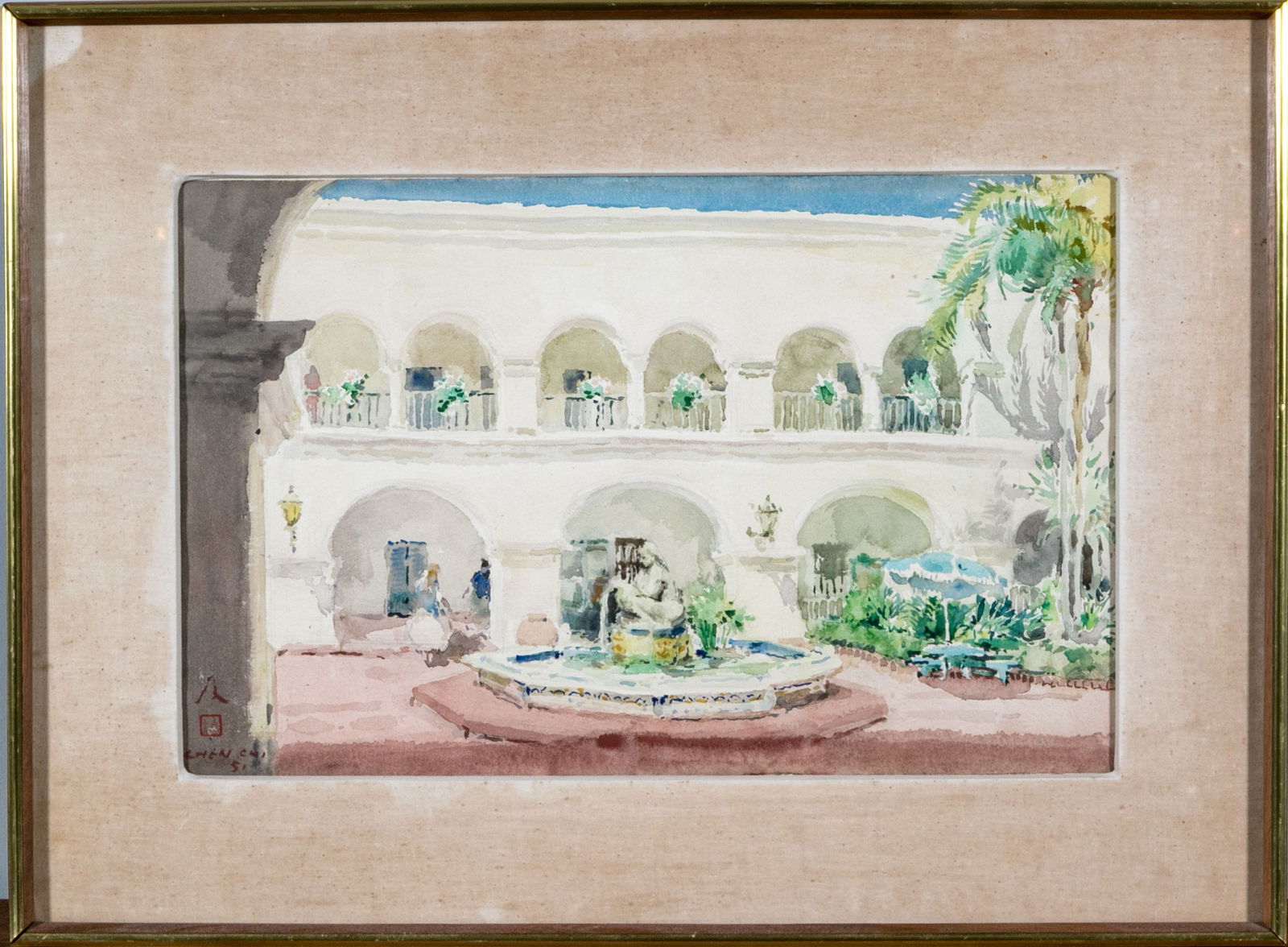 Chen Chi (Chinese-American, 1912-2005) A Patio, House Of Hospitality Watercolor: Chen Chi (Chinese-American, 1912-2005) A Patio, House of Hospitality watercolor depicting a Guatemalan style mission courtyard with stately white architecture accented with lush greenery around an imp