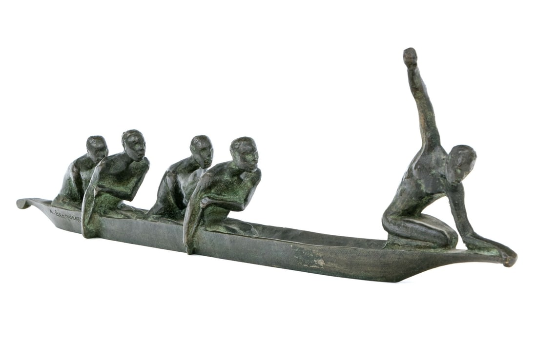 AndrA?-Vincent Becquerel (French, 1893-1981) Congolese Pirogue Patinated Bronze, On Stand: André-Vincent Becquerel (French, 1893-1981) patinated bronze sculpture depicting slim rowboat with four men paddling in sync lead by a leader at the front of the vessel. Mounted on a sturdy iron stan