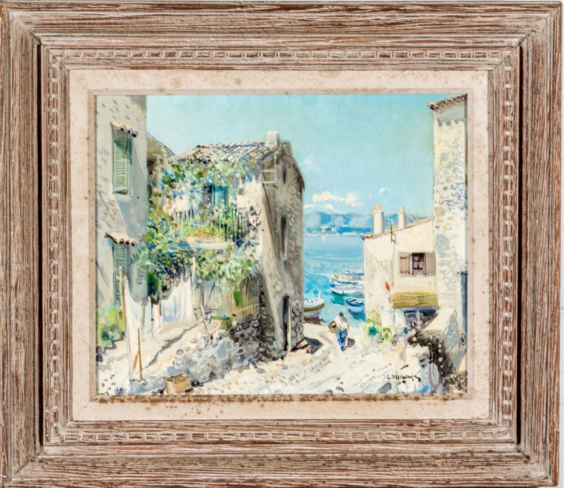 Gabriel Deschamps (French, 1919-2011) Oil On Canvas, Village On The Sea: Gabriel Deschamps (French, 1919-2011) oil on canvas depicting a lovely view of white washed houses on a path leading to fishing boats on the shore. Signed lower right.Presented in rustic wood frame wi