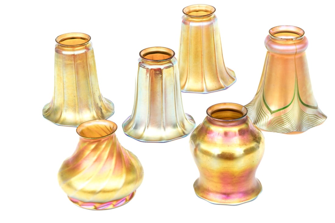 Collection Of Six Steuben Gold Aurene Iridescent Glass Shades (1 of 20)