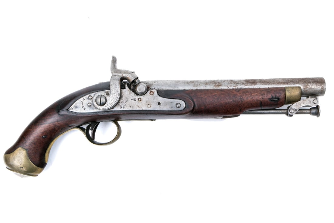 18th Century English Flintlock Pistol: A handsome 18th century English flintlock pistol with the crown and other marks in wood with brass mounts and chased decoration. Dimensions:15 L x 2 D Additional hi-res images may be found on our webs