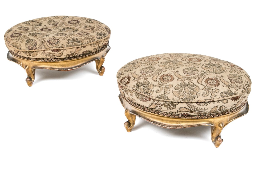 Pair Of Vintage Carved And Gilt Upholstered French Style Foot Stools (1 of 7)