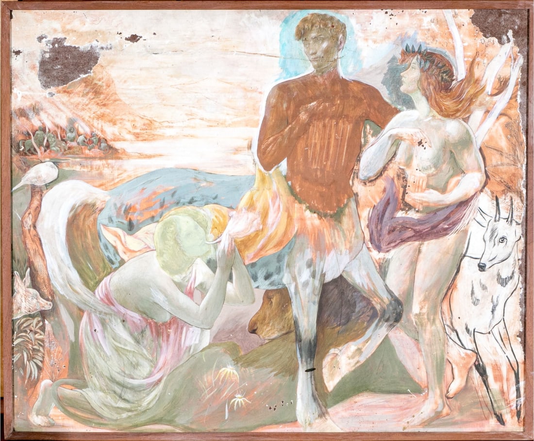 Attrib. Maria Morgan-Snell (Brazilian, 1920-2007) Mixed Media On Board, Mythological Scene: A tempera with watercolor on board painting attributed to Maria Morgan-Snell (Brazilian, 1920-2007) depicting a mythological scene with a centaur and a nude maiden wearing a laurel crown, along with a