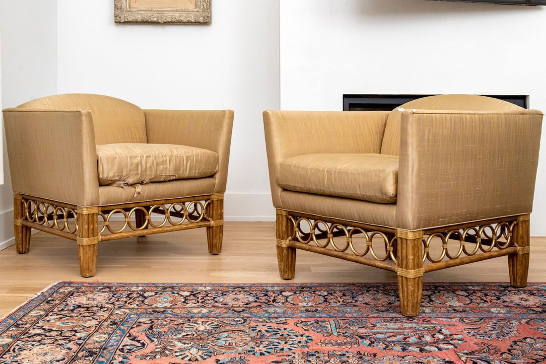 Pair Of McGuire Vendome Upholstered Rattan And Gilt Metal Armchair Frames (1 of 14)