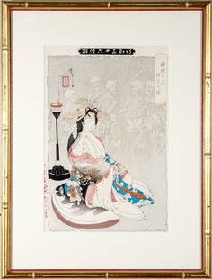 Tsukioka Yoshitoshi (Japanese, 1839-1892) The Enlightenment Of Jigoku-dayu Woodblock, 1890: Tsukioka Yoshitoshi (Japanese, 1839-1892) The Enlightenment Of Jigoku-dayu woodblock print from the series Thirty-Six Ghosts, published by Sasaki Toyokichi, Tokyo, 1890.Presented custom matted and gla
