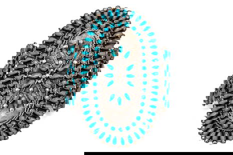 Navajo Johnny MIchael Begay Stunning Silver Petit Point Turquoise Ultra Wide Cuff Bracelet: Navajo Johnny Mike Begay sterling silver stunning petit point turquoise ultra wide cuff bracelet, signed. Marks: None, tested sterling, signed JMB Dimensions: 2 1/4" interior diameter x 3 1/4" wide We