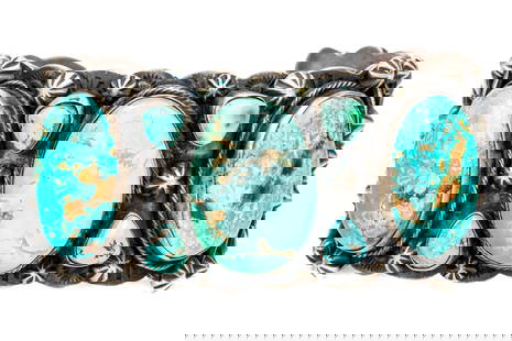 B. Johnson Sterling Silver Outstanding Turquoise Set Southwestern Motif Ultra Wide Cuff Bracelet: Bobby Johnson sterling silver outstanding turquoise set Southwestern motif ultra wide cuff bracelet. Marks: Sterling, signed B. Johnson Dimensions: 2 9/16" interior diameter x 1 5/16" wide Weight: 86.