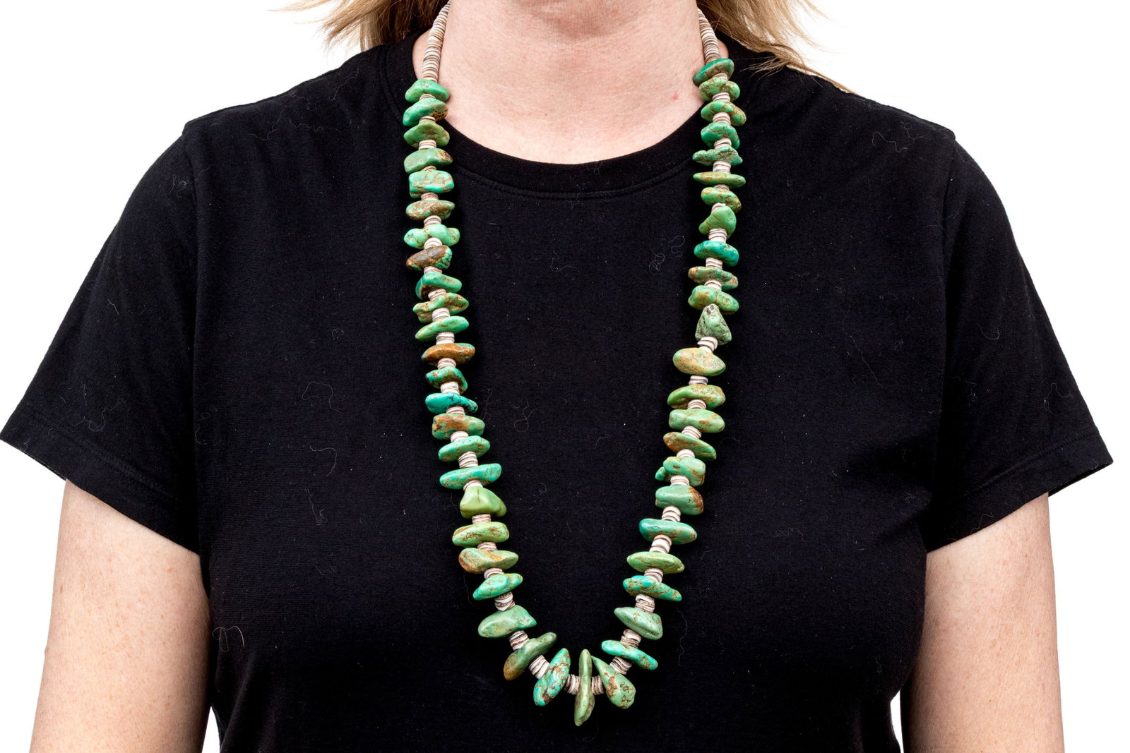 Stunning Opera Length Chunky Bluish Green Tumbled Turquoise And Heishi Bead Necklace (1 of 5)