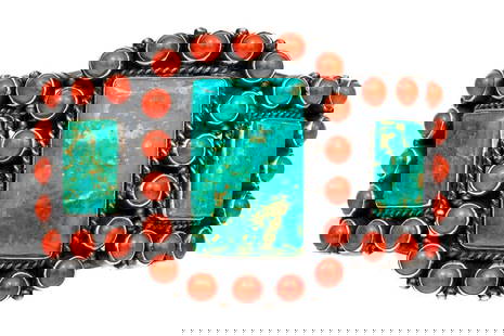 Navajo Kirk Smith Signed Stunning Sterling Silver Ultra Wide Turquoise And Coral Cuff Bracelet: Navajo KIrk Smith Signed Stunning Sterling Silver Ultra Wide Turquoise And Coral Cuff Bracelet Marks: Sterling, signed Kirk Smith Dimensions: 2 1/2" interior diameter x 1 5/16" wide Weight: 57.6 gross