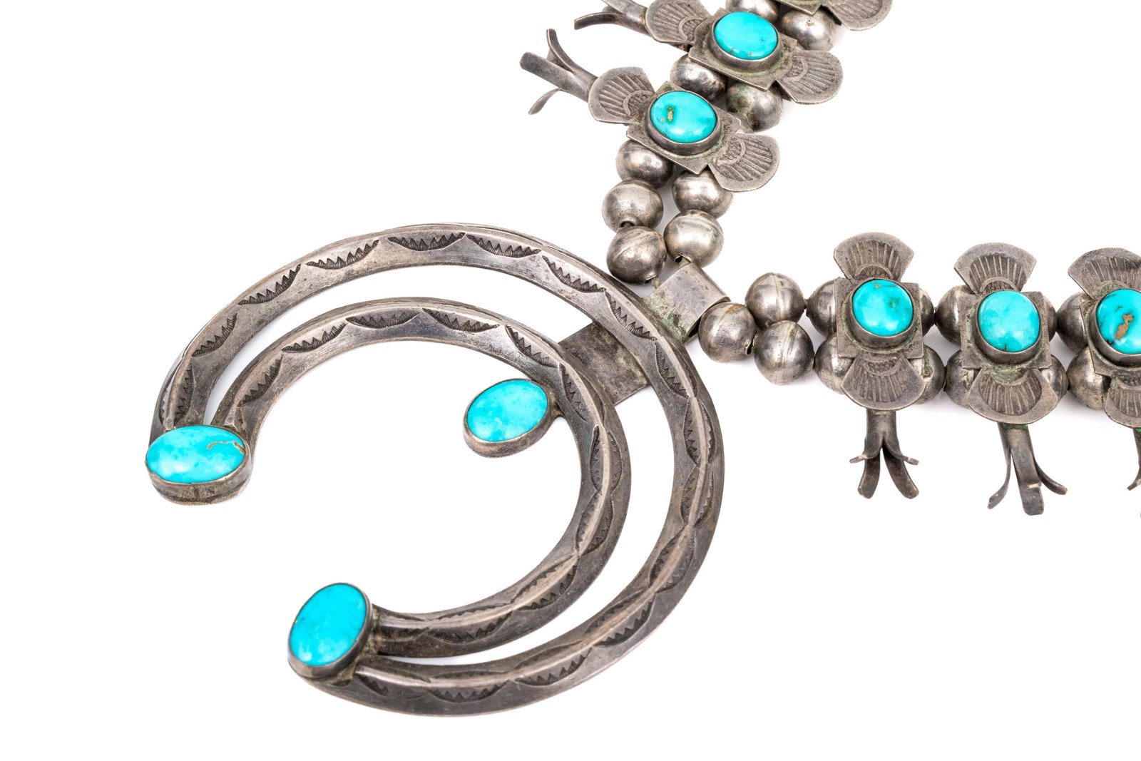 Classic Turquoise Set Box Bow Style Sterling Silver Squash Blossom Necklace (1 of 9)