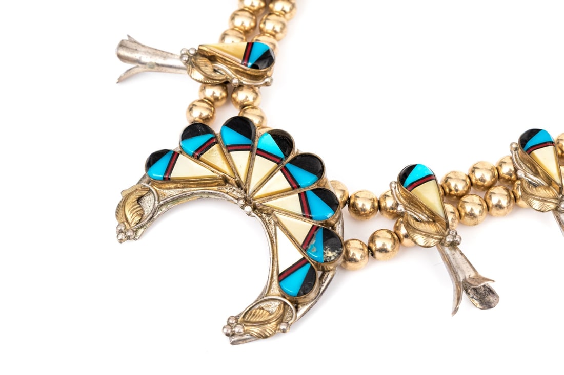 Colorful Zuni Style Inlaid Sterling Silver And Gold Filled Squash Blossom Necklace (1 of 12)