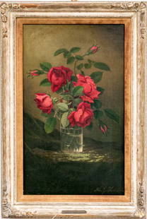 Martin Johnson Heade (American, 1819-1904) Red Roses In Glass Vase Oil On Canvas: Martin Johnson Heade (American, 1819-1904) Red Roses in Glass Vase oil painting on canvas depicting a stunning still life with an arrangement of vibrant red roses and lush green leaves in a