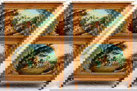 PAIR OF LOUIS XVI STYLE PETITE SECRÉTAIRES DECORATED AFTER FRANCOIS BOUCHER: A fine pair of Louis XVI style secrétaires à abattant and linen press. Showcasing beige brown stone tops over rich honeyed brown wood bodies with beaded and fluted corners flanking two stacked