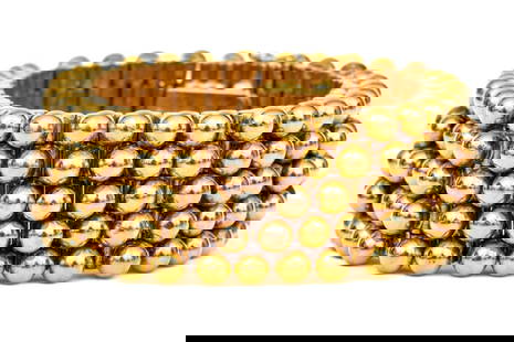 18k Magnificent Vintage Tri Color Gold Heavy Deco Patterned Ball Motif Bracelet: 18k magnificent vintage tri color gold heavy Deco patterned ball motif bracelet, finished with a hidden box style clasp and two figure eight safety clasps. Please note the short length. Marks: 18k