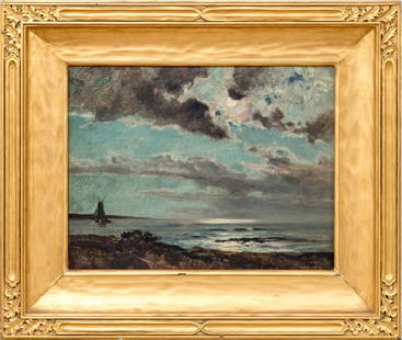 Howard Russell Butler (American, 1856-1934) Oil On Canvas Panel, Coastal Scene At Night: Howard Russell Butler (American, 1856-1934) oil painting on canvas panel depicting an impressionist coastal scene with the silhouette of a sailboat to the left in striking profile against a vast blue