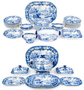 Antique Davenport Ceramic Transferware Service: A fabulous antique Davenport ceramic service finely decorated with rich monochromatic blue transferware chinoiserie scenes of figures in natural landscapes with traditional architecture, bridges, and