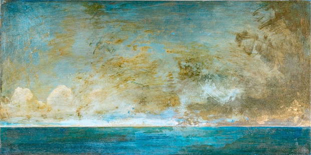 Cynthia Knott (American, B. 1952) Escape Mixed Media On Panel, 2001: Cynthia Knott (American, b. 1952) Escape oil, encaustic and metallic painting on panel depicting a calm ocean landscape with rich teal blue water reaching a straight horizon with low, billowing white